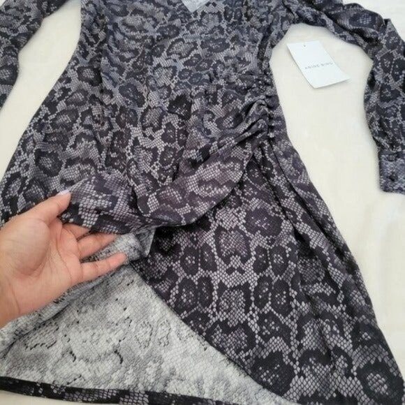 ANINE BING Penelope Long-Sleeve Silk Grey Python Print Mini Wrap Dress Size S - Picture 10 of 12